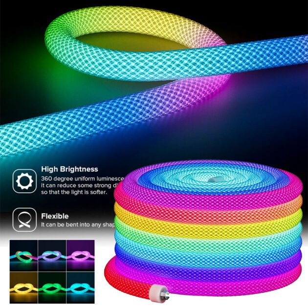 Bande LED Néon RGB motif réticulaire rond à 360 degrés flexible – شريط إضاءة ملونة