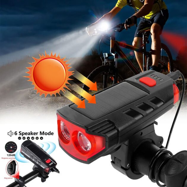 Lampe d’éclairage solaire pour vélo et trottinette avec sonnette et alarme – مصباح دراجات يعمل بالطاقة الشمسية