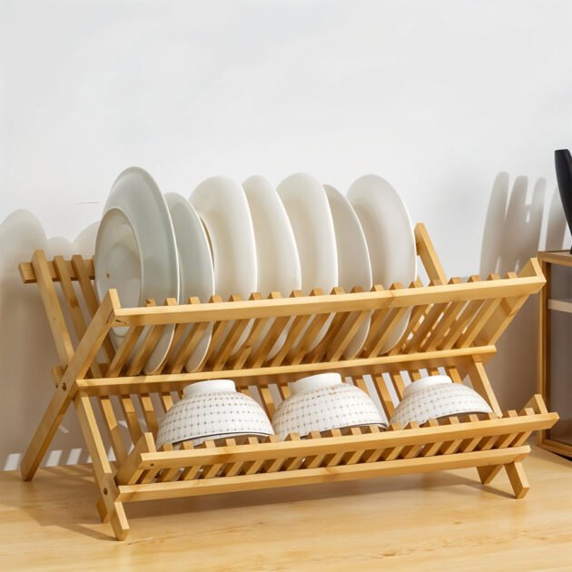 Égouttoir à vaisselle pliable en bambou de haute qualité – حامل أواني الغسيل
