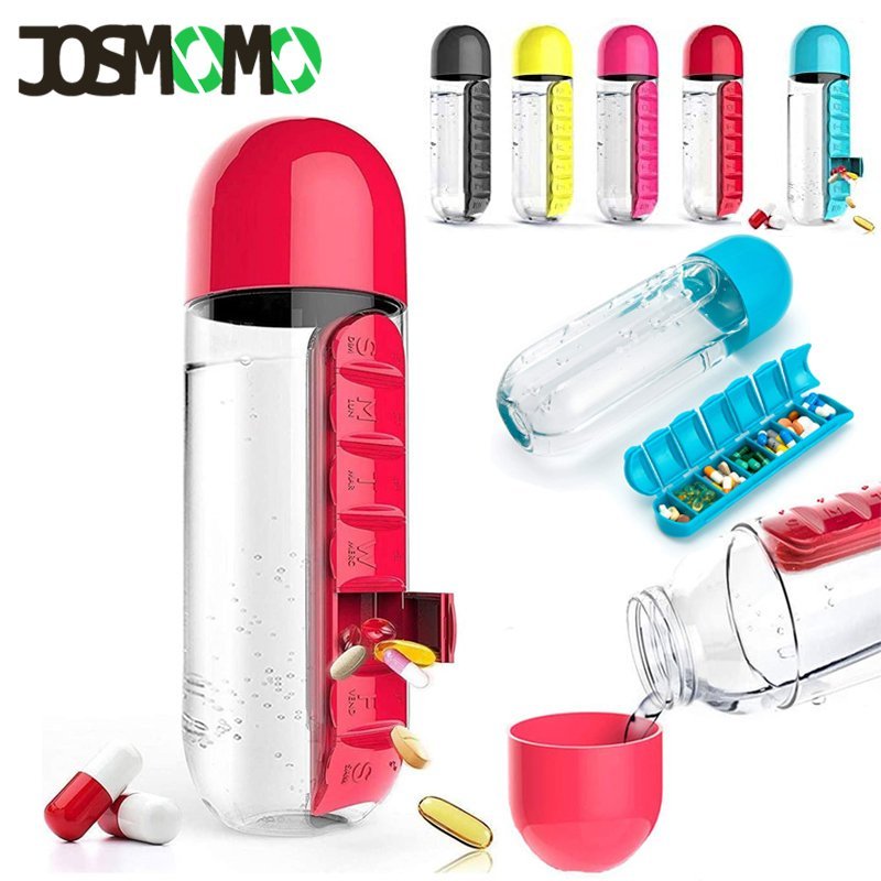 زجاجة ماء محمولة سعة 600 مل ومنظم للأدوية