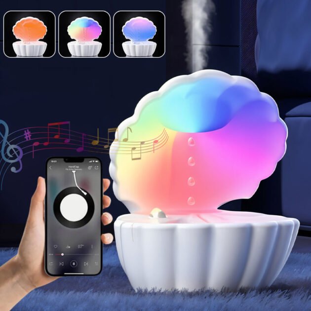 Humidificateur d’air et Haut Parleur BT avec lumière d’ambiance antigravité 550ml – مكبر صوت ومعطر جو على شكل محار البحر