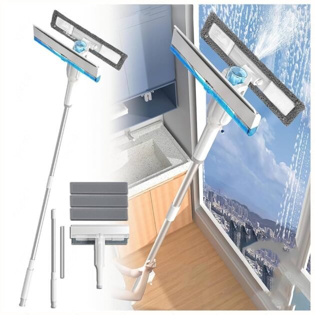 ممسحة زجاج بمقبض طويل وبخاخ تنظيف 3 في 1