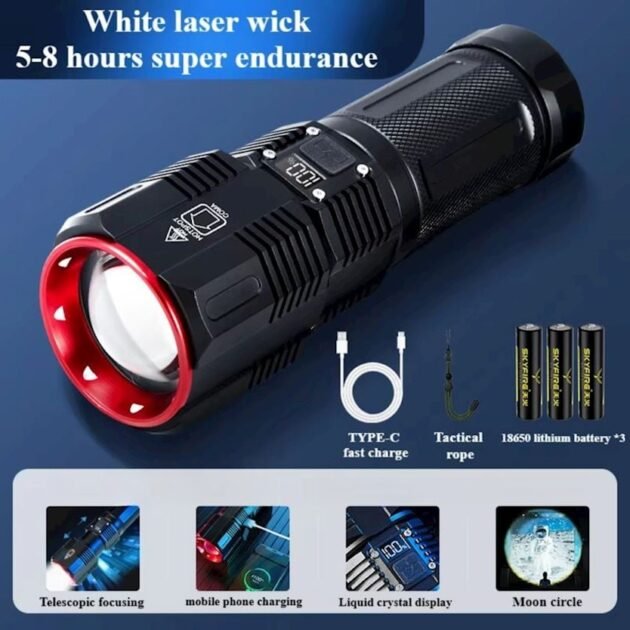 مصباح يدوي بقوة 100 واط مزود بثلاث بطاريات ليثيوم