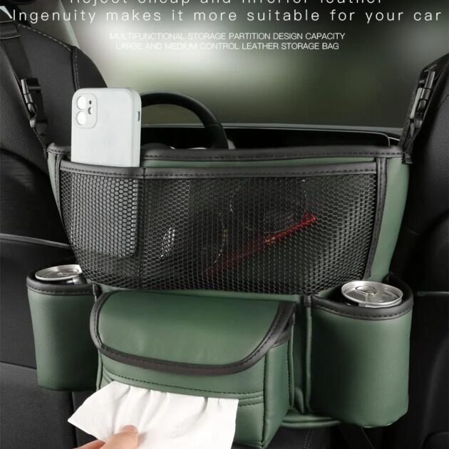 Sac de rangement en cuir pour siège de voiture, cintre central, sac à main automatique, support entre les sièges, poches pour gobelets à eau en tissu, évaluation de rangement