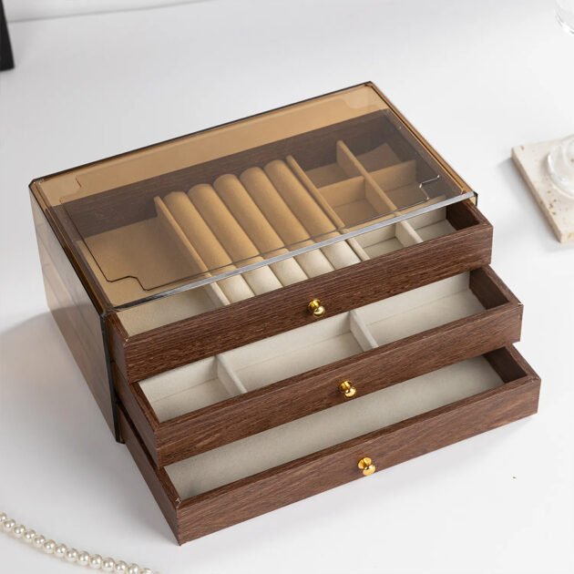 Coffret à bijoux en bois à 3 niveaux très élégant couleur noyer – علبة تنظيم المجوهرات