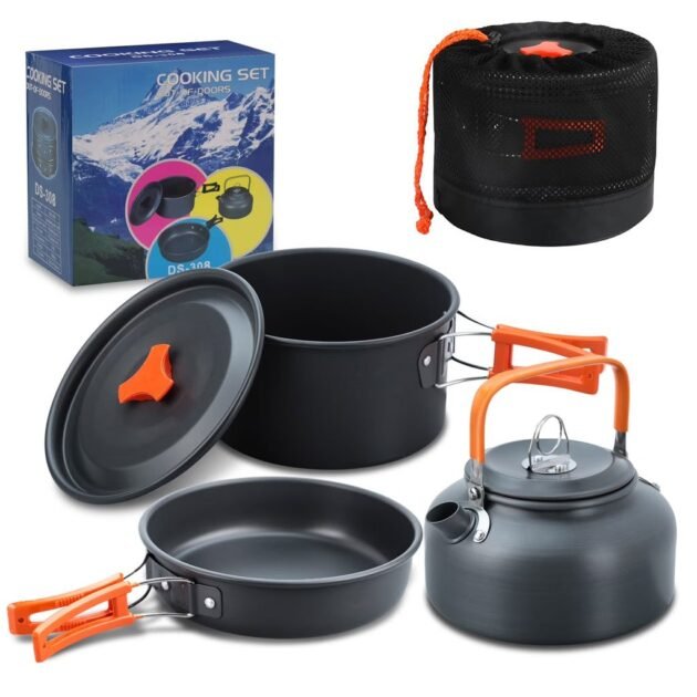 طقم أواني طهي محمولة للتخييم مصنوعة من سبائك الألومنيوم