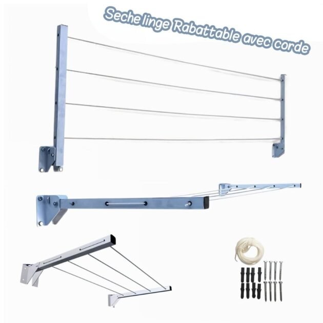 مجفف ملابس قابل للطي يُثبت على الحائط مزود بحبل