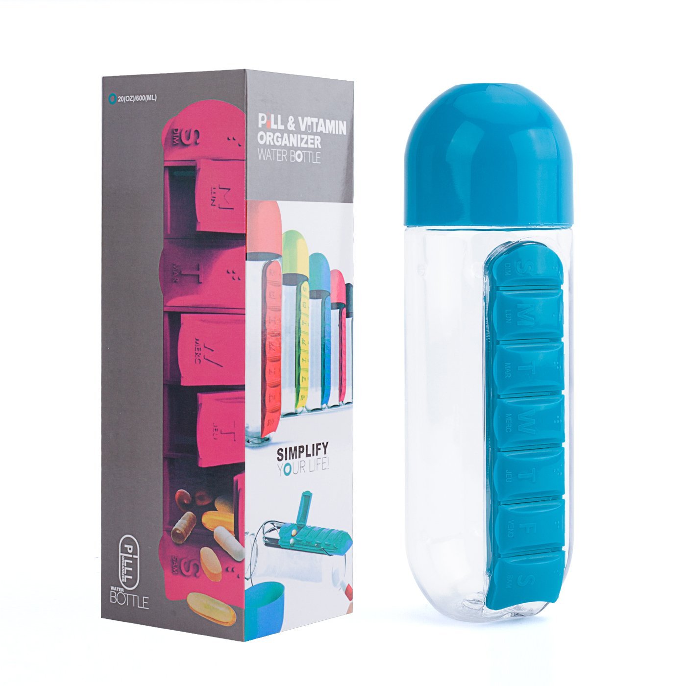 زجاجة ماء محمولة سعة 600 مل ومنظم للأدوية - الصورة 3