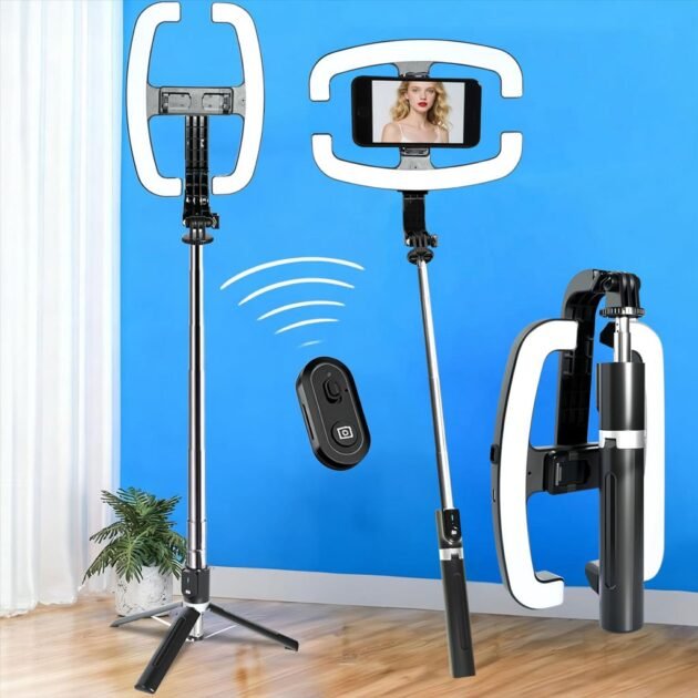 عصا سيلفي قابلة للتمديد مع حامل للهاتف وإضاءة