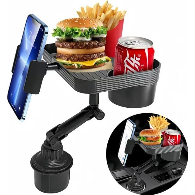 صينية سيارة وحامل أكواب مع حامل هاتف