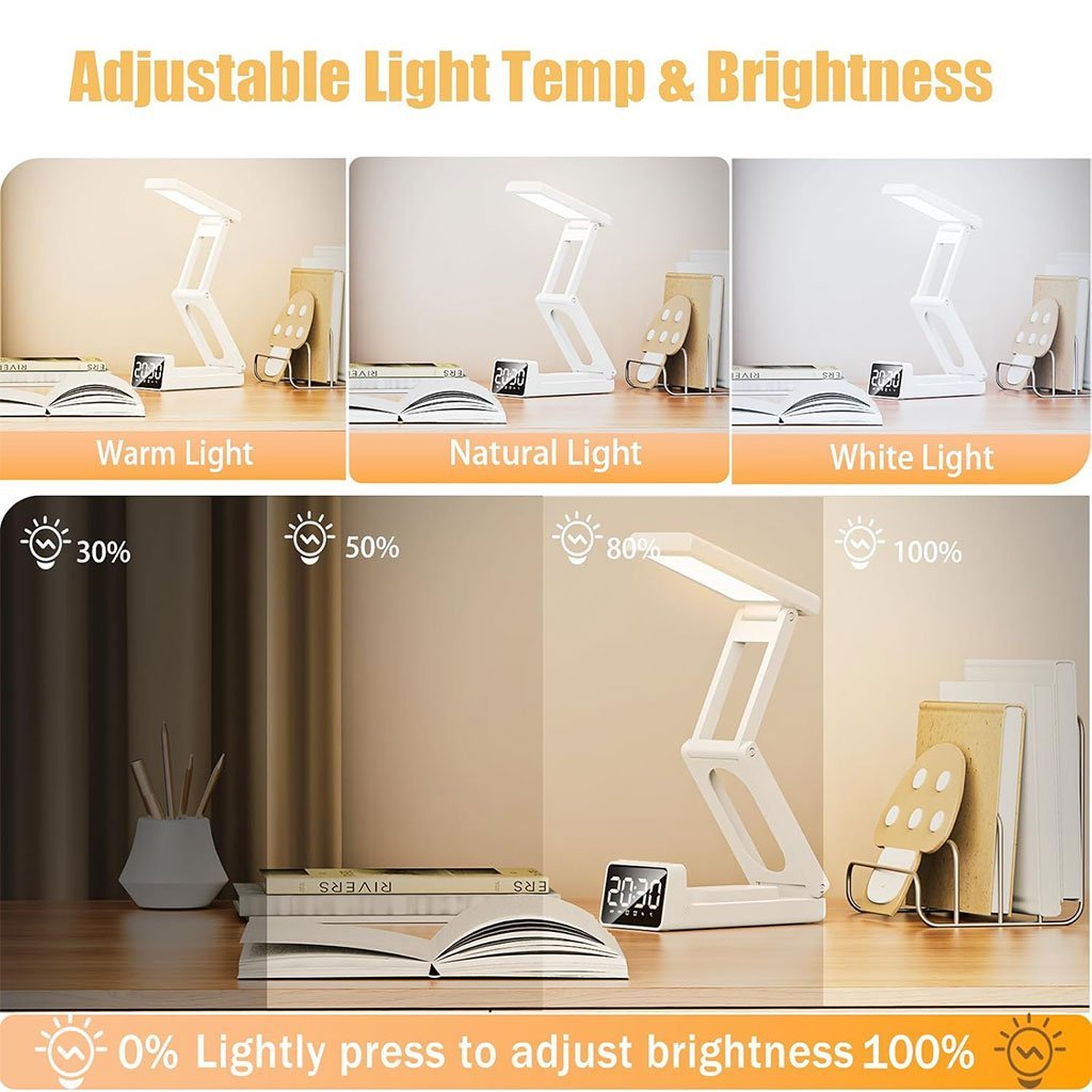 مصباح مكتبي لاسلكي قابل لإعادة الشحن مزود بساعة منبه - الصورة 2