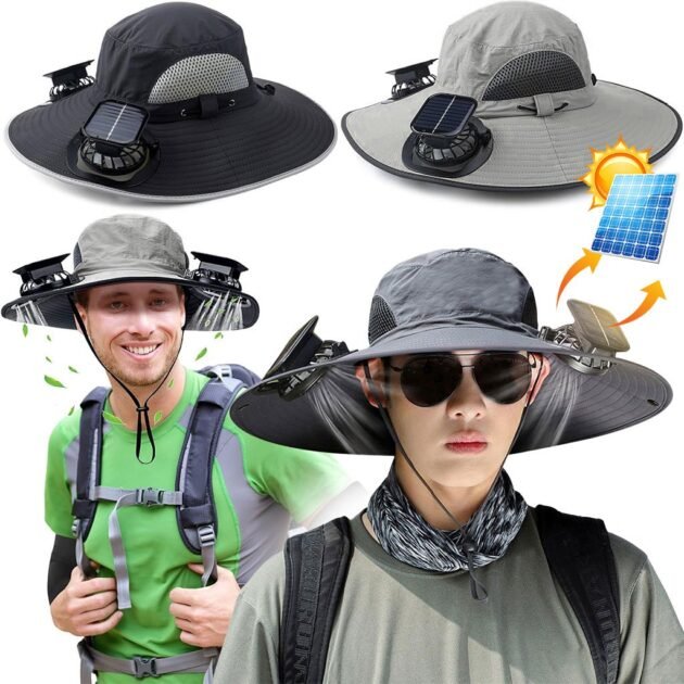 قبعة شمسية عريضة الحواف مزودة بمروحة مزدوجة