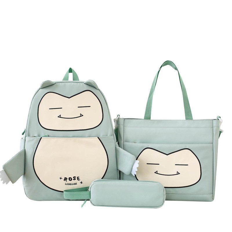 Ensemble de Sacs Snorlax 3Pcs Design Kawaii Vert – حقيبة مدرسية 3 قطع لون أخضر - الصورة 3