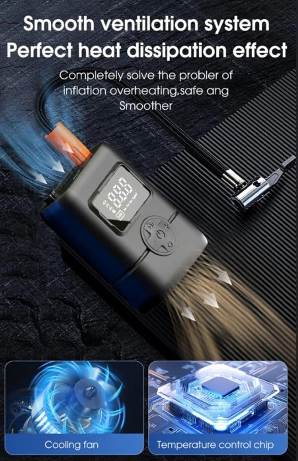 Gonfleur de pneus portable sans fil avec manomètre, arrêt automatique et lumière LED - جهاز ضغط العجلات محمول - الصورة 4