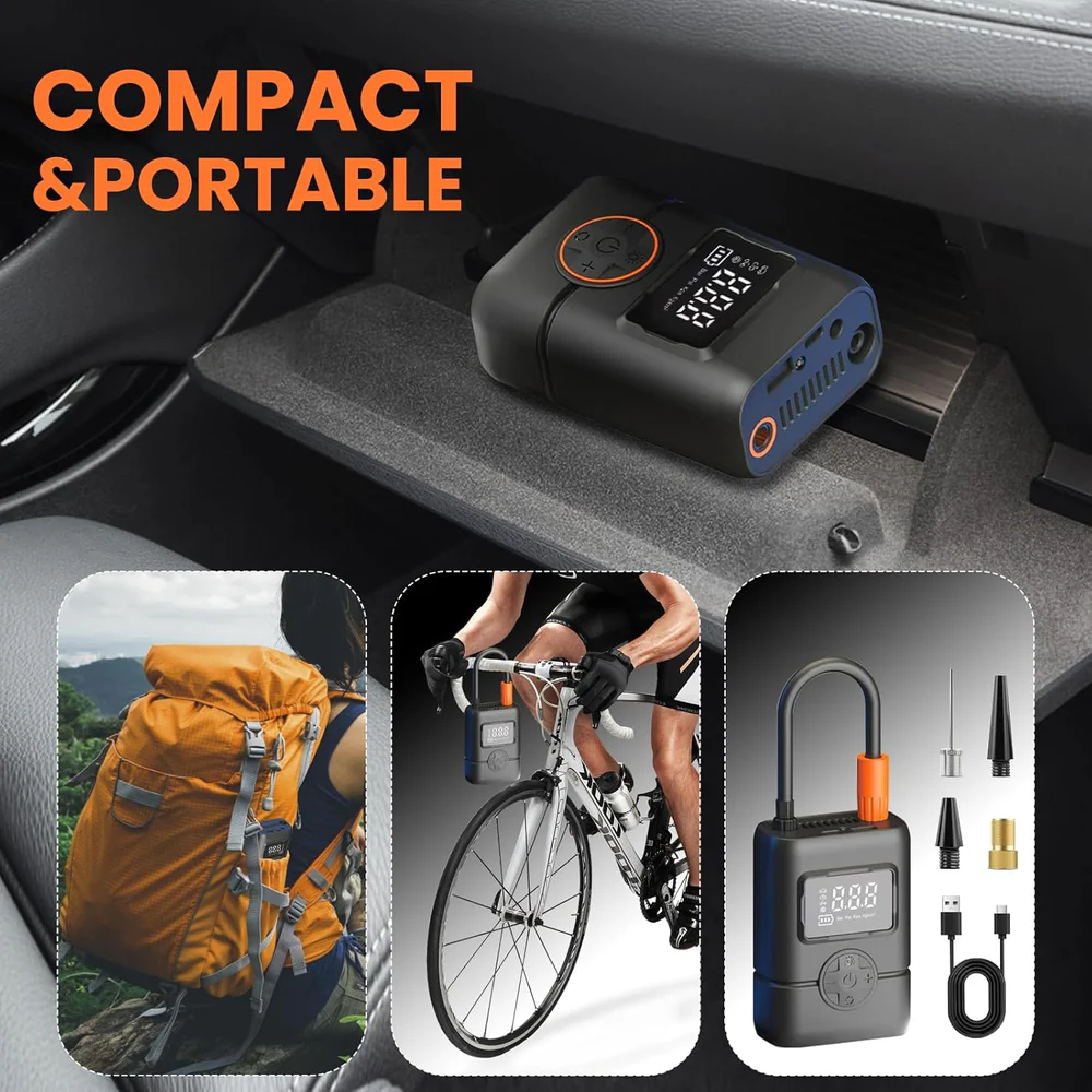 Gonfleur de pneus portable sans fil avec manomètre, arrêt automatique et lumière LED - جهاز ضغط العجلات محمول - الصورة 7