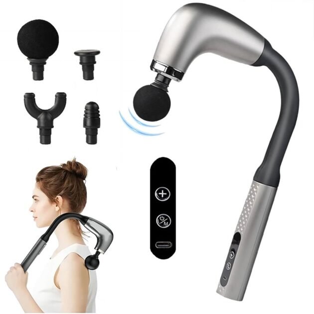 Pistolet de massage poignée allongée avec 4 têtes, 3 modes et 6 niveaux – جهاز تدليك الجسم