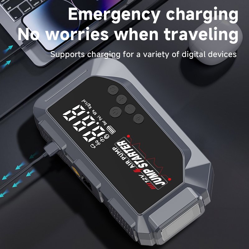 Booster Batterie et Compresseur d'Air Intelligent 12V avec Écran LCD CTC-936T - مقلع بطارية السيارة وجهاز الطوارئ المتكامل 2 في 1 مع مضخة هواء ذكية وشاشة رقمية - الصورة 5