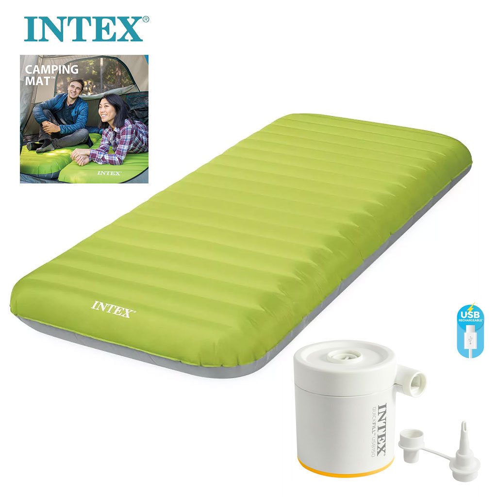 Matelas de Camping Gonflable Intex 64097NP - Technologie Fiber-Tech avec Pompe USB150 - مرتبة التخييم الهوائية "إنتكس"" الفردية فائقة الخفة مع مضخة"