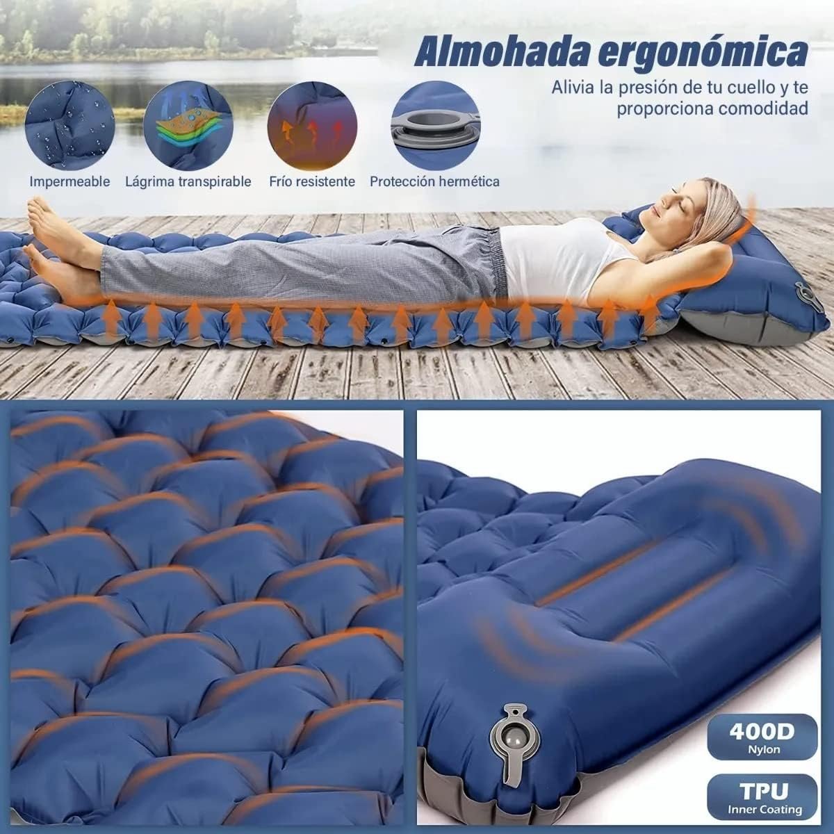 Matelas de Camping Gonflable Portable - فراش التخييم الهوائي القابل للنفخ بالقدم مع وسادة مدمجة - الصورة 2