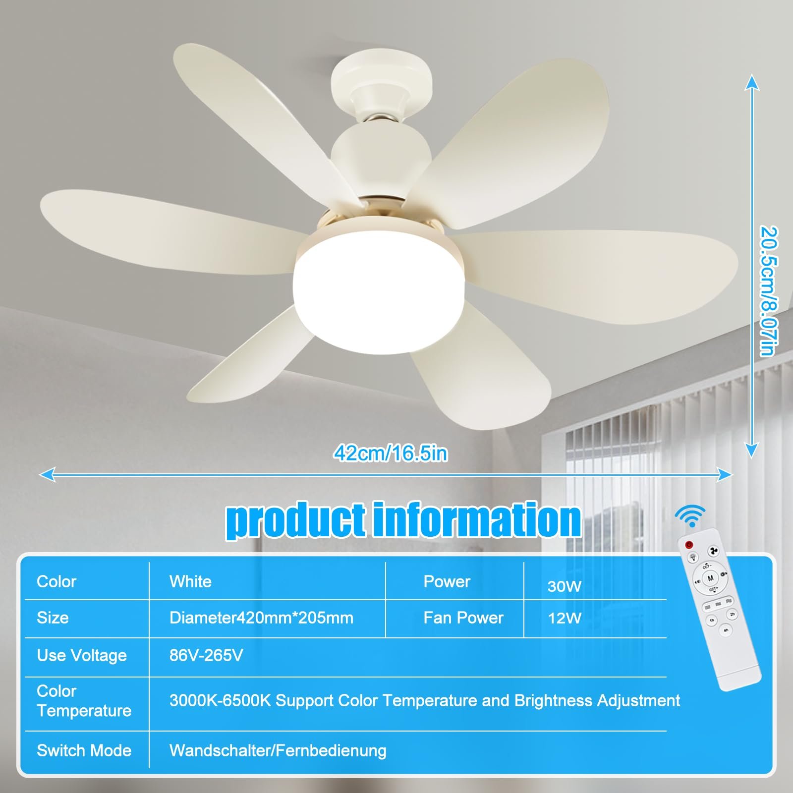 Ventilateur de Plafond Lumineux à Douille avec Télécommande 80w - الصورة 4
