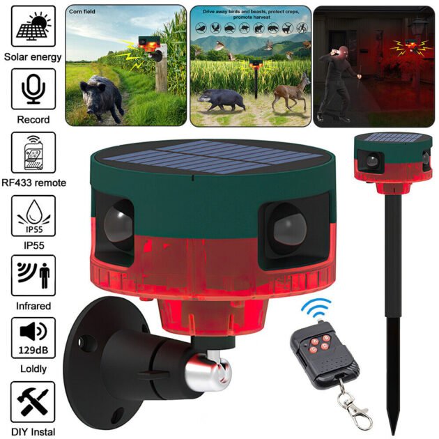 Répulsif pour animeux Capteur de mouvement à énergie solaire, alarme sonore et lumineuse 6 LED -  مستشعر حركة يعمل بالطاقة الشمسية لطارد الحيوانات