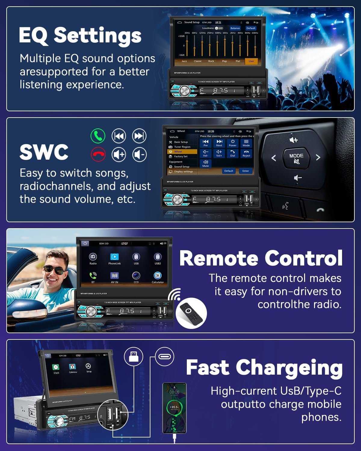 Autoradio Rétractable Tactile 7 Pouces Wireless CarPlay Android Auto 32+2GB - راديو السيارة الذكي بنظام أندرويد وشاشة 7 بوصة قابلة للطي