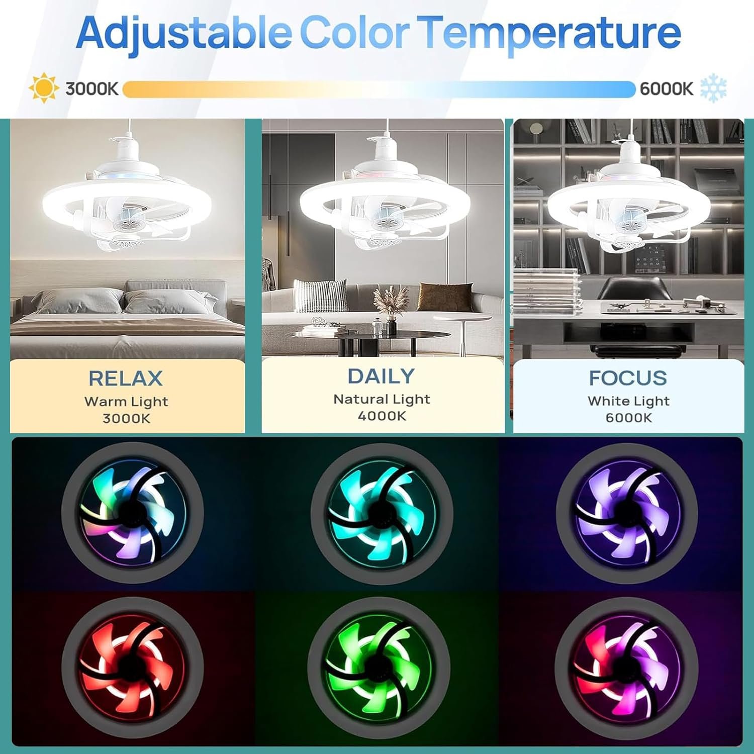 Ventilateur de Plafond Lumineux E27 avec Éclairage RGB et Télécommande - مروحة السقف الذكية إضاءة ملونة مع ريموت