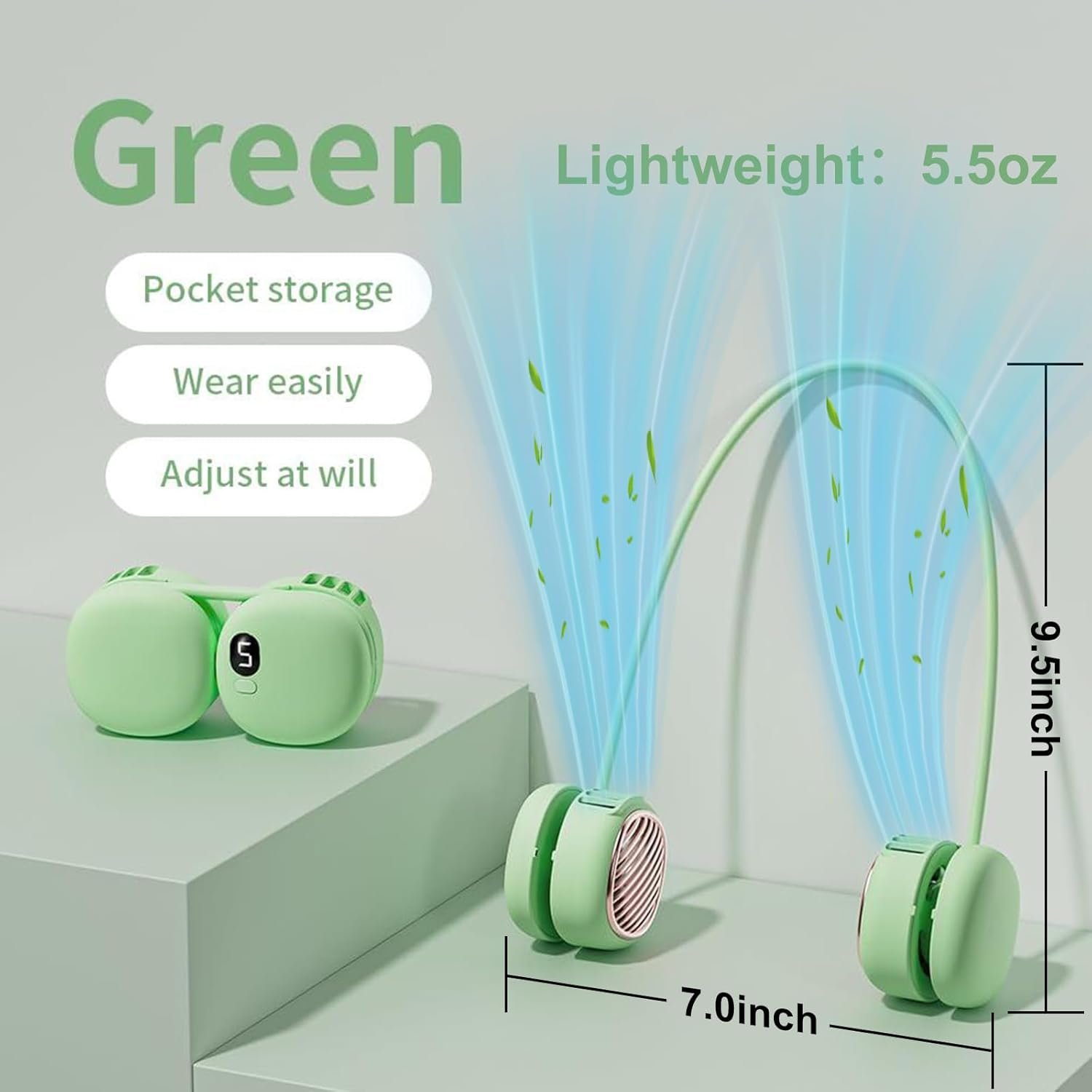Ventilateur de Cou Portable Pliable - Design Macaron Écran LED et Rechargeable USB-C - مروحة الرقبة المحمولة والذكية القابلة للطي بـ 5 سرعات وشاشة
