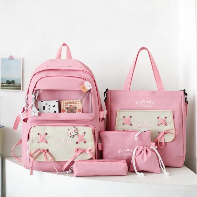 Sac à Dos Multifonctionnel Kawaii Grand Volume Imperméable et Résistant 5Pcs Rose SACKDS11RS - حقيبة ظهر بعدة قطع بتصميم كاوايي