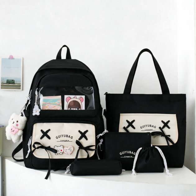 Sac à Dos Multifonctionnel Kawaii Grand Volume Imperméable et Résistant 5Pcs Noir SACKDS11N - حقيبة ظهر بعدة قطع بتصميم كاوايي