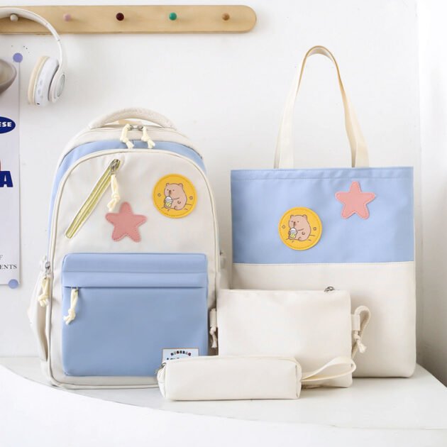 Sac à Dos Multifonctionnel Kawaii Grand Volume Imperméable et Résistant 4Pcs Bleu et Beige SACKDS02B - حقيبة ظهر بعدة قطع بتصميم كاوايي