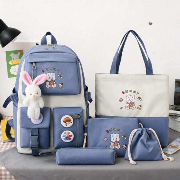 Sac à Dos Multifonctionnel Kawaii Grand Volume Imperméable et Résistant 5Pcs Bleu SACKDS15BL - حقيبة ظهر بعدة قطع بتصميم كاوايي