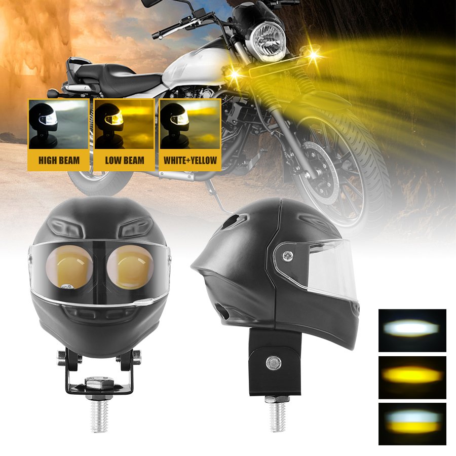Projecteur LED Auxiliaire pour Moto et Scooter Double Couleur Blanc et Jaune Helmet Design 1Pcs - كشاف إضاءة لدراجات النارية بتصميم خوذة وإضاءة مزدوجة