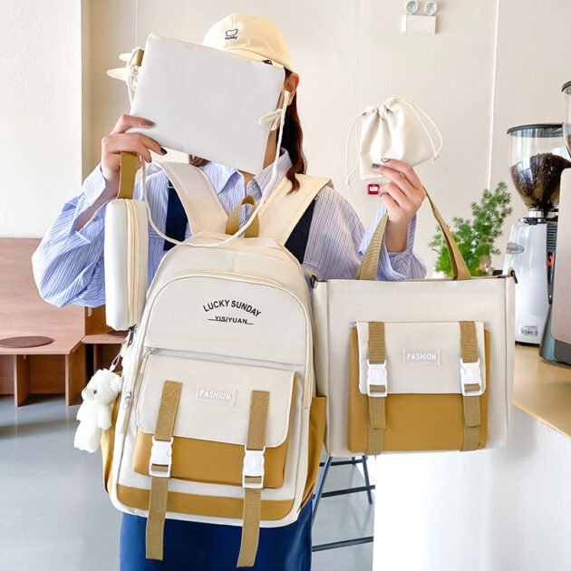 Ensemble de sacs à dos Kawai pour adolescents 5Pcs YISIYUAN V2 Beige – محفظة 5 قطع كاواي للبنات