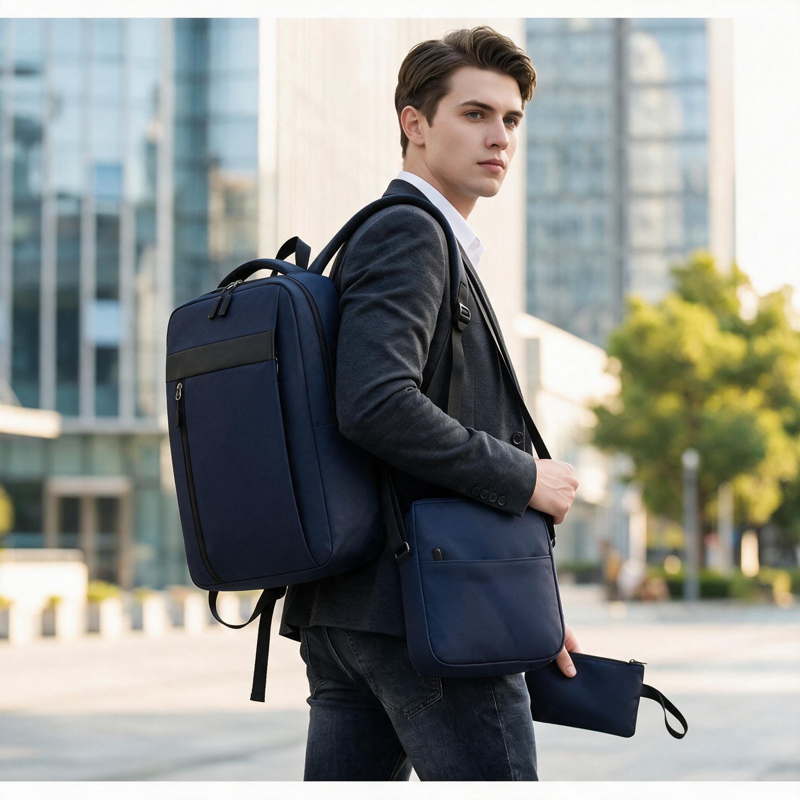Ensemble 3 PCS sac a dos Élégant et Imperméable pour Homme Avec Port USB Bleu Mat-02 - طقم حقائب رجالية أنيقة 3 في 1 مع منفذ شحن