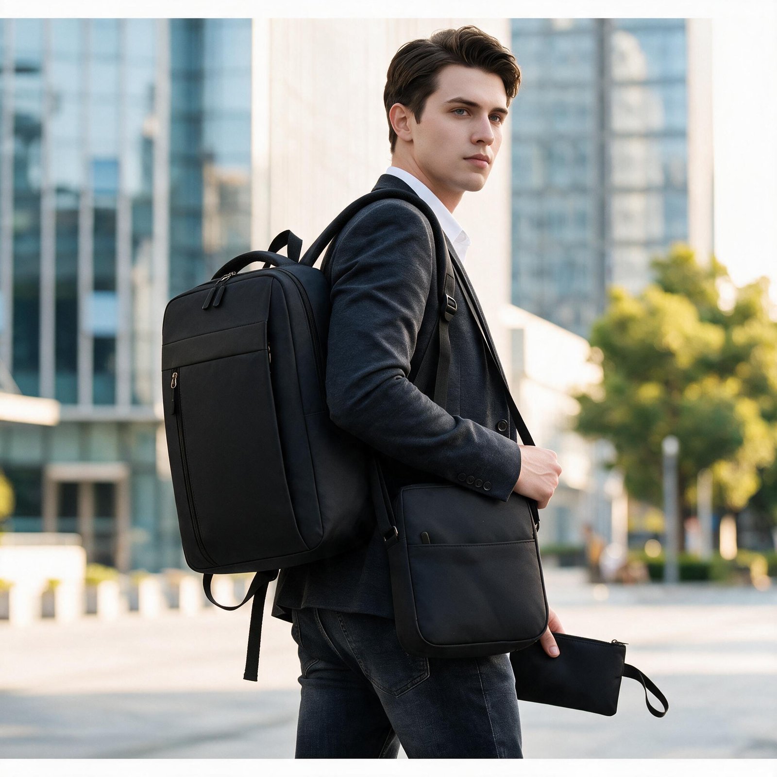 Ensemble 3 PCS sac a dos Élégant et Imperméable pour Homme Avec Port USB Noir Mat-02 - طقم حقائب رجالية أنيقة 3 في 1 مع منفذ شحن