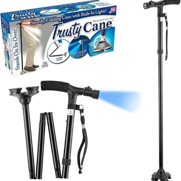 Canne de Marche Pliable avec Lampe LED Base Pivotante Quadruple Hauteur Réglable - عصا المشي القابلة للطي المزودة بإضاءة وقاعدة رباعية ثنائية التوازن