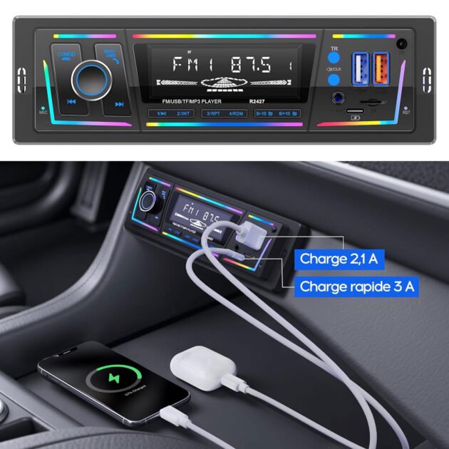 Autoradio Bluetooth 5.0 1DIN Charge Rapide USB et Type-C, Éclairage Personnalisable DSP et RDS - راديو سيارة بلوتوث مع منفذي شحن