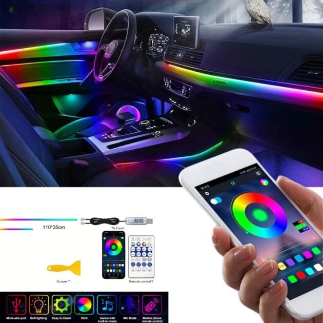 Bande lumineuse LED en néon RGB pour intérieur de voiture, éclairage suivi son d'ambiance Avec app et télécommande