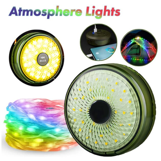 Lumière de camping LED multifonctionnelle, chargeur USB, chaîne d'atmosphère colorée