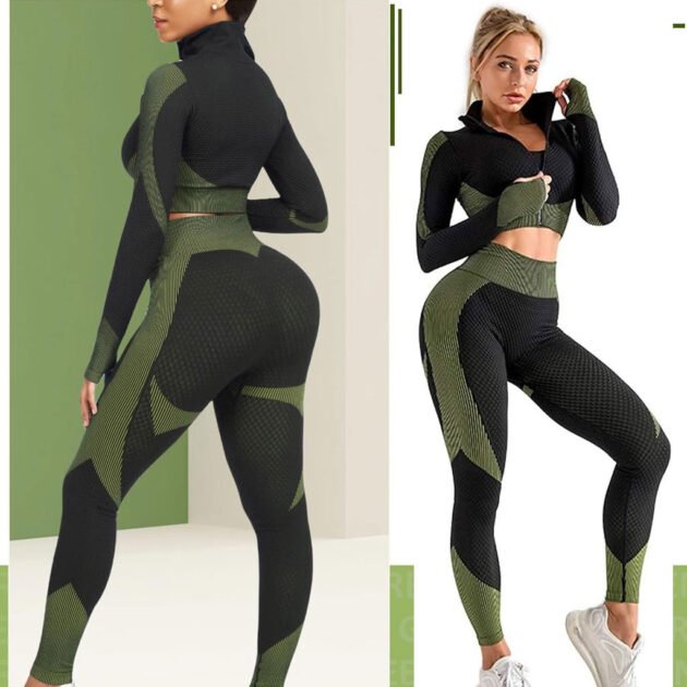 Ensembles d'entraînement pour femmes - Tenue de gymnastique sans couture à 2 pièces Vert