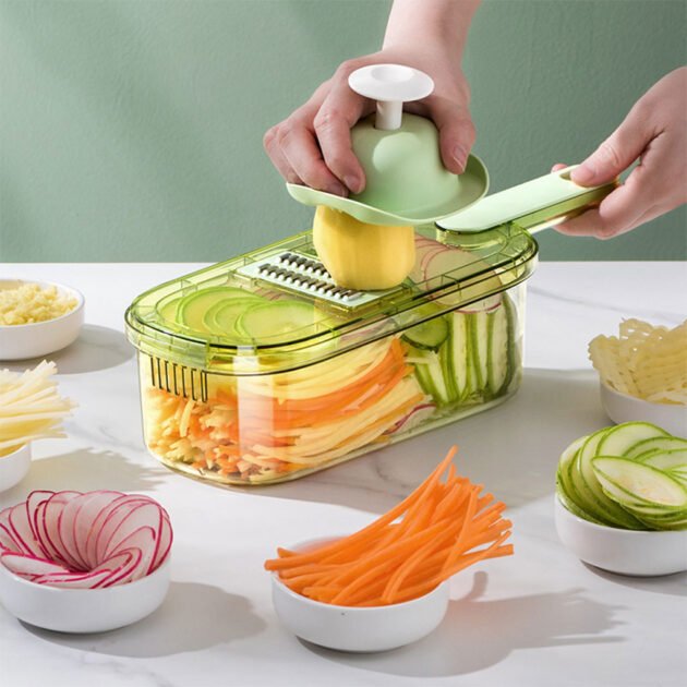 Mandoline à légumes professionnelle avec 5 lames et récipient – قطاعة خضر في المطبخ