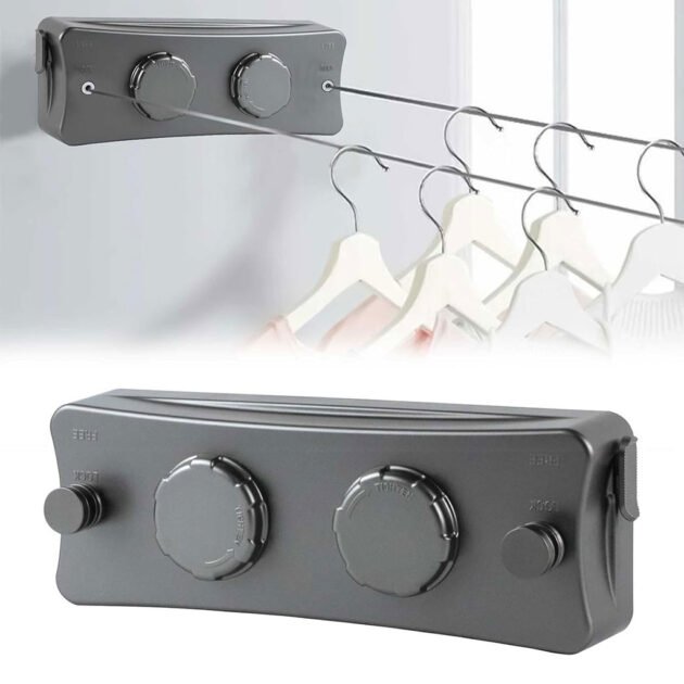 Double Corde à Linge Rétractable 2 x 5,1m en Acier Inoxydable Capacité 40KG – حبل غسيل مزدوج قابل للسحب