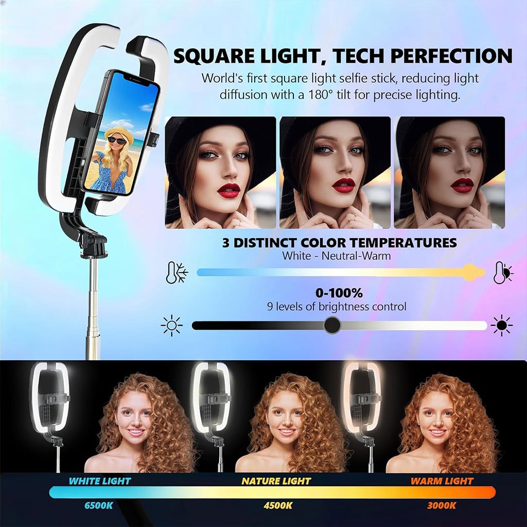 Perche à Selfie Extensible avec Support pour Téléphone et Lampe LED – عصا سيلفي مع إضاءة مدمجة ويد تحكم