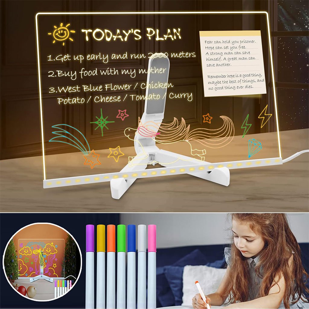 Tableau mémo LED lumineux avec stylo 7 couleurs et support – لوحة كتابة مضيئة للأطفال