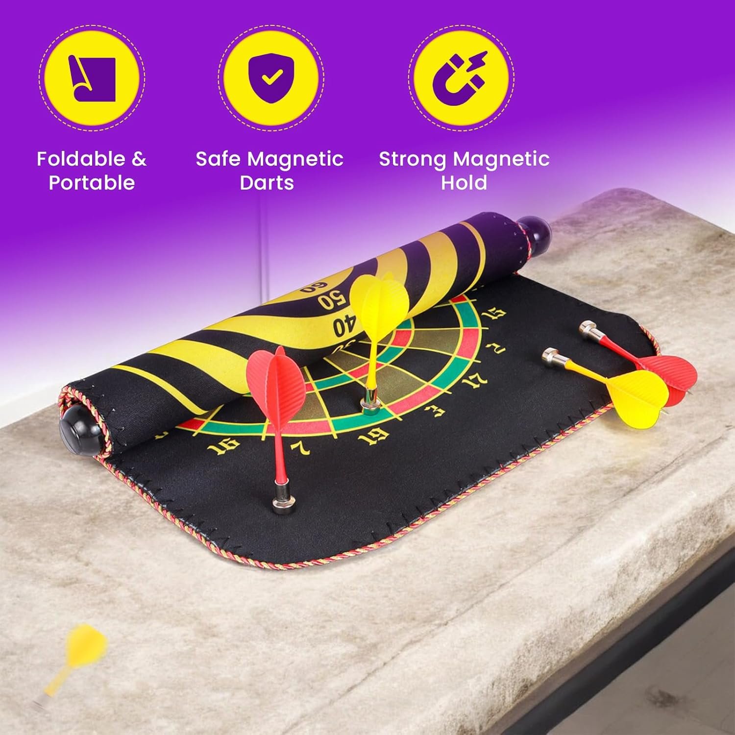 Jeu de fléchettes magnétique avec cible enroulable et suspendue avec 3 fléchettes incluses - لعبة رمي السهام