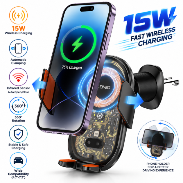 Support Téléphone Voiture avec Chargeur Sans Fil 15W Capteur Infrarouge LDNIO MA30 - حامل هاتف للسيارة وشاحن لاسلكي ذكي