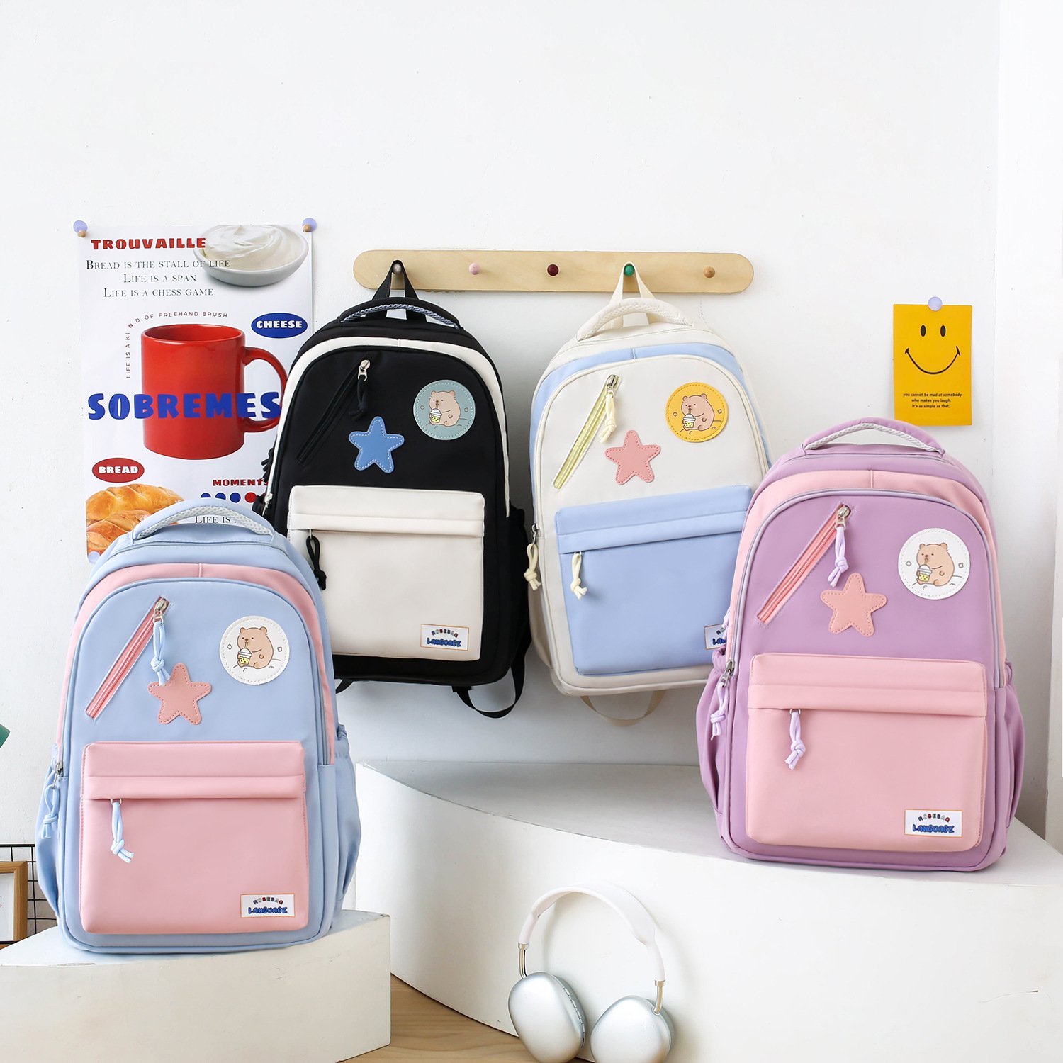 Sac à Dos Multifonctionnel Kawaii Grand Volume Imperméable et Résistant 4Pcs Mauve SACKDS02MV - حقيبة ظهر بعدة قطع بتصميم كاوايي