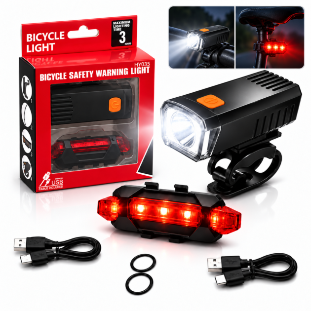Kit d'Éclairage LED Avant et Arrière Rechargeable par USB pour Vélo HY035 - طقم إضاءة ليد ساطع للدراجات الأمامية والخلفية قابلة لإعادة الشحن